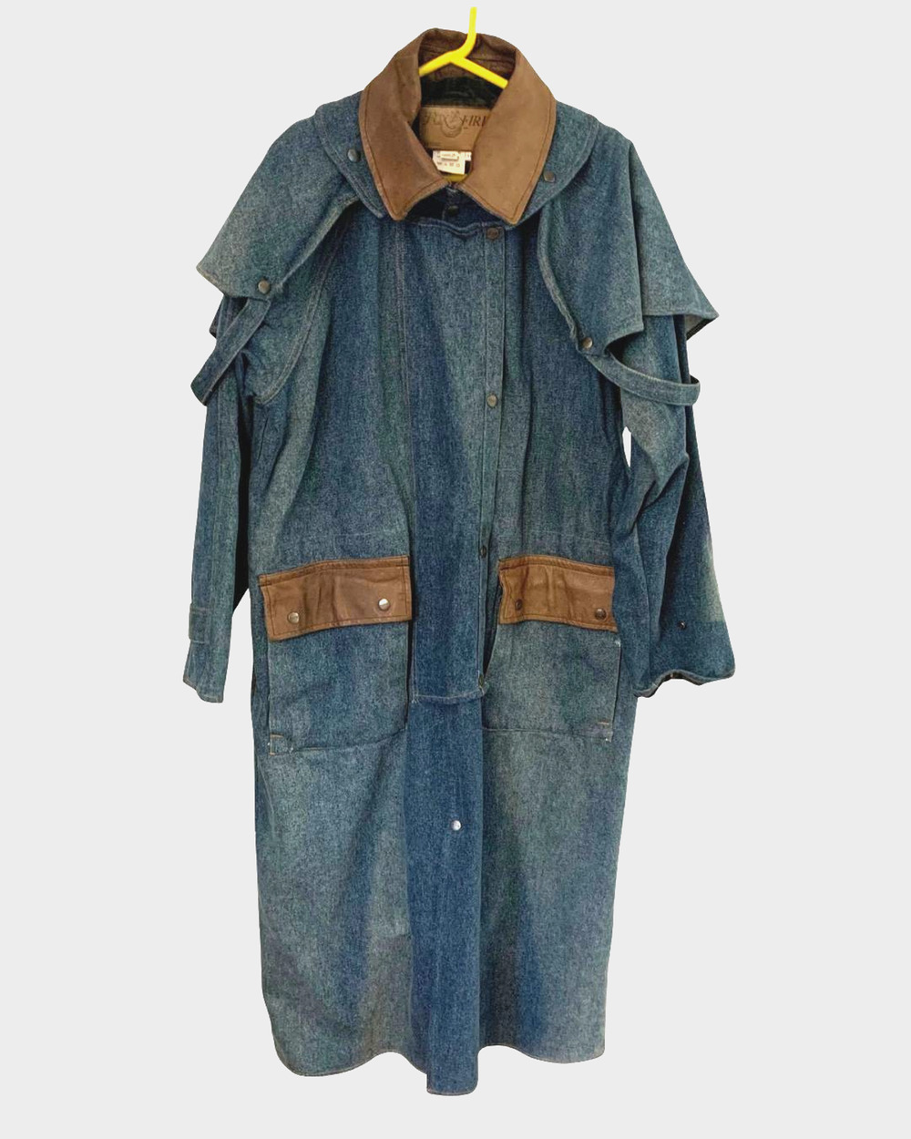 Foxfire Mens Denim Duster Coat Size L Outback Cowboy Trail Western Riding Long